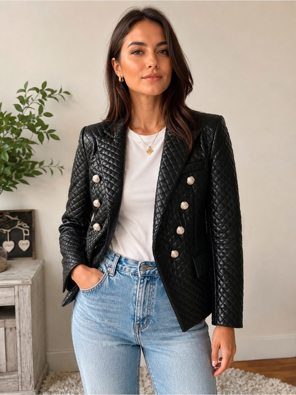 NWT $398 GENERATION LOVE Angie Faux Leather Blazer in Black sz S